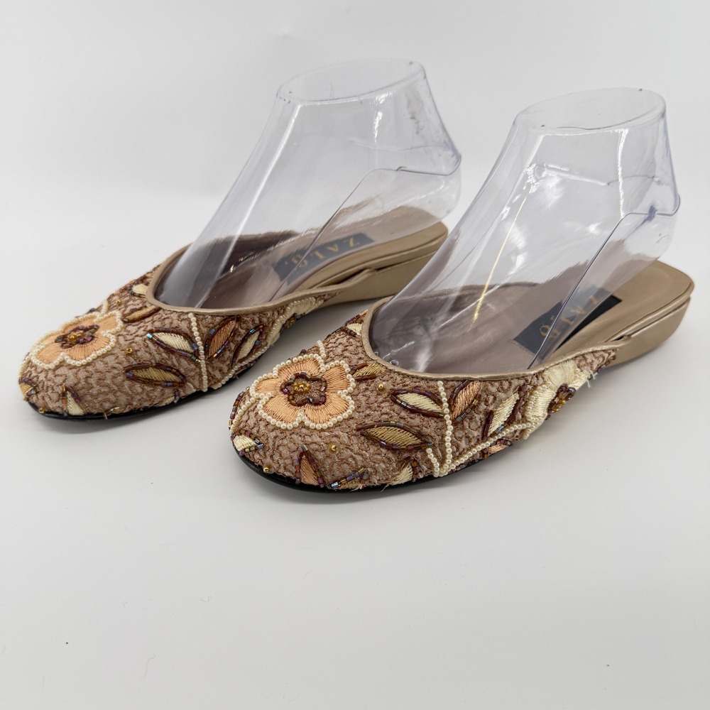 Zalo Vintage Beaded Floral Embroidered Mules Champagne Gold Wedge Heels 7.5M